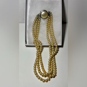 Sarah Coventry Rhinestone Clasp Pearl 3 Strand Necklace Choker Vintage